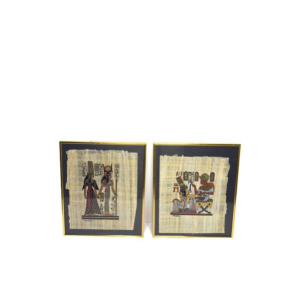 Vintage Framed Egyptian Art on Rice Paper Gold Set of Two, Signed - Picture 1 of 10